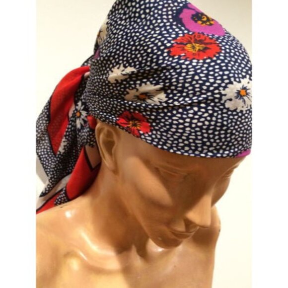 Vintage 1980s/90s Floral & Geometric Polyester Head Scarf 29-Inch Square Made - Picture 3 of 8